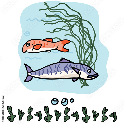 Cute ocean fish cartoon vector illustration motif set. Hand drawn mackerel and red mullet elements clipart for ocean life blog, marine graphic, wildlife web buttons.