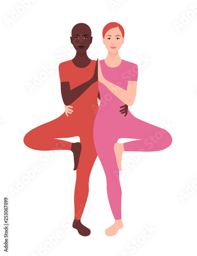 Two girls practice yoga. African and European women. Vector flat illustration