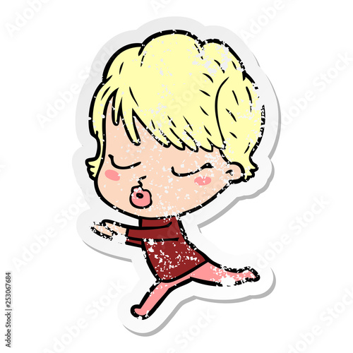 distressed sticker of a cartoon woman with eyes shut