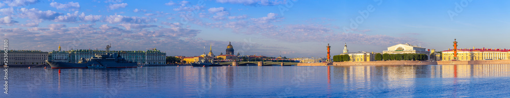 St. Petersburg. Russia. Panorama of St. Petersburg. Day of the Navy of Russia. Naval parade. Military destroyers on the Neva. Bridges of St. Petersburg. Holidays of Russia. Petersburg embankments.