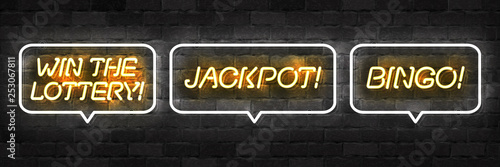 Vector set of realistic isolated neon sign of Win The Lottery, Bingo and Jackpot logo for template decoration and layout covering on the wall background.