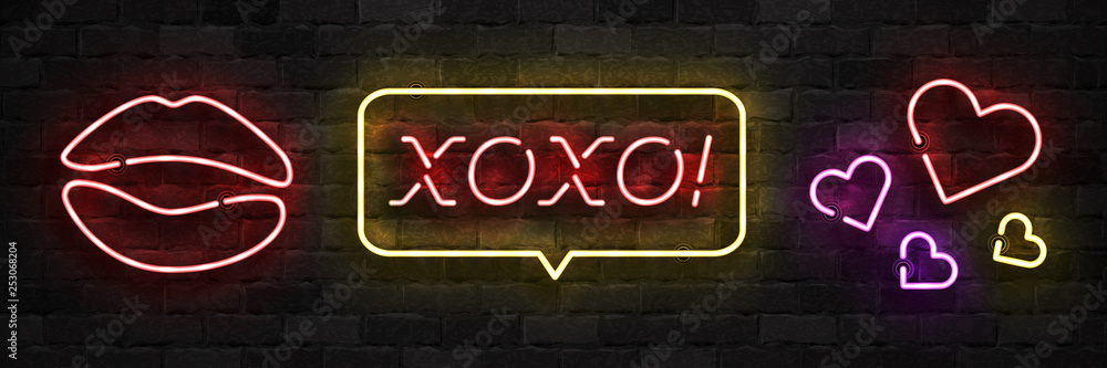 Vector set of realistic isolated neon sign of XOXO logo for template decoration on the wall background. Concept of love and kiss.