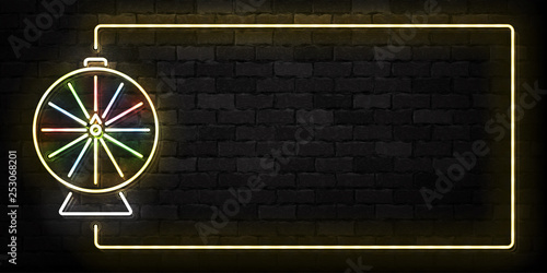 Vector realistic isolated neon sign of Wheel of Fortune frame logo for template decoration and covering on the wall background. Concept of roulette and jackpot.