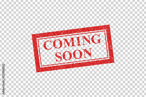 Vector realistic isolated red rubber stamp of Coming Soon logo for template decoration and layout covering on the wall background.