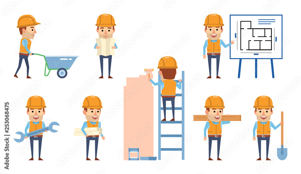 Set of construction worker characters posing in various situations. Funny worker holding shovel, wrench, pointing to apartment plan and showing other actions. Flat design vector illustration Set of construction worker characters posing in various situations. Funny worker holding shovel, wrench, pointing to apartment plan and showing other actions. Flat design vector illustration
