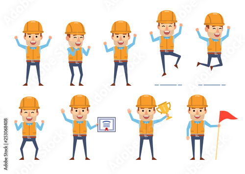 Set of construction worker characters showing diverse success poses. Funny workman holding winners cup, certificate, jumping and showing other actions. Flat design vector illustration