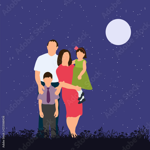 isolated, family with children in the evening in the park, flat style, people without faces