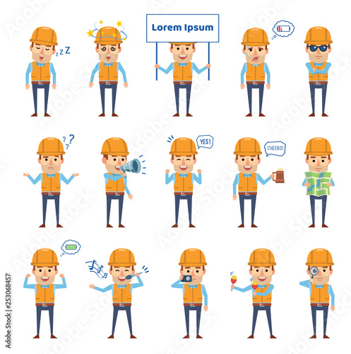 Set of construction worker characters showing various actions, emotions. Funny workman holding map, signboard, loudspeaker, sleeping and showing other actions. Flat design vector illustration