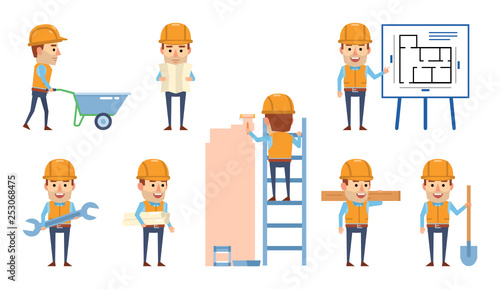 Set of construction worker characters posing in various situations. Funny worker holding shovel, wrench, pointing to apartment plan and showing other actions. Flat design vector illustration