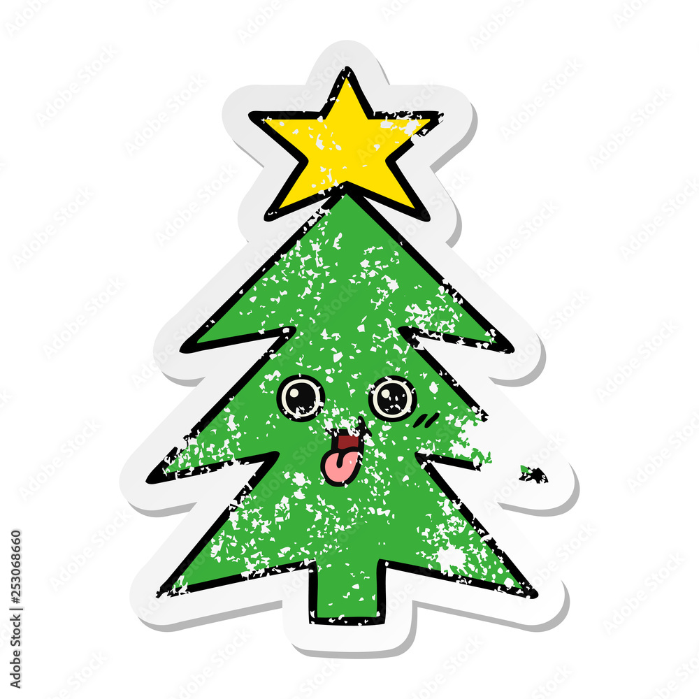 distressed sticker of a cute cartoon christmas tree distressed sticker of a cute cartoon christmas tree