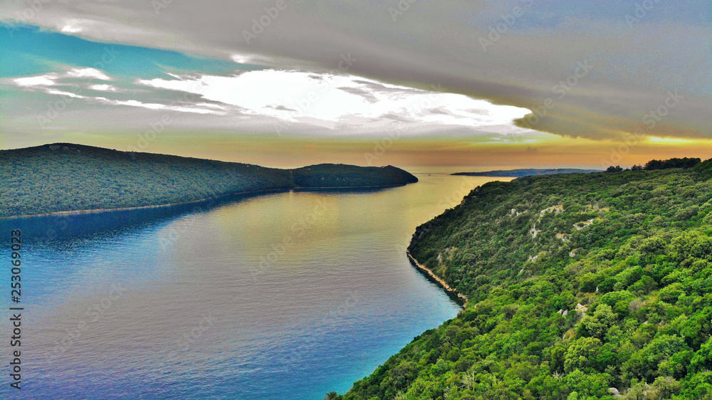 Drone picture of Lim fjord in Istria, Croatia. Beautiful blend of the sea and surrounding forests.