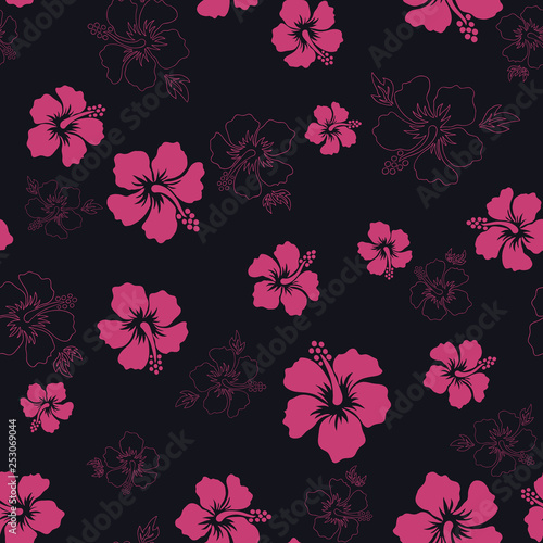 Tropical background with hibiscus flowers. Seamless hawaiian pattern. Exotic vector illustration