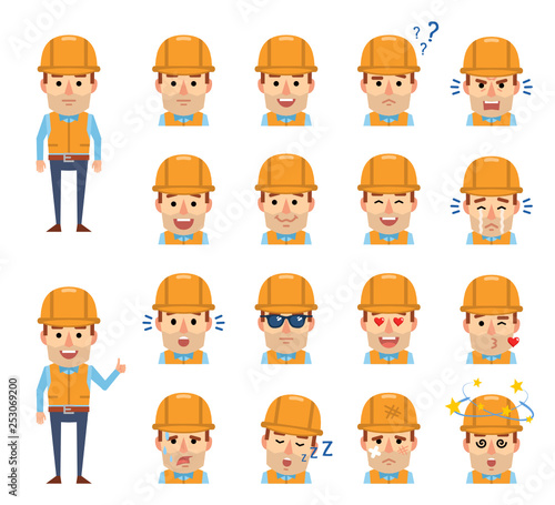 Set of construction worker emoticons showing diverse facial expressions. Happy  sad  angry  surprised  serious  dazed  in love and other emotions. Flat design vector illustration