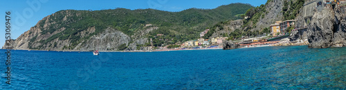 Italy, Cinque Terre, Monterosso, Monterosso al Mare, SCENIC VIEW OF SEA AGAINST BLUE SKY