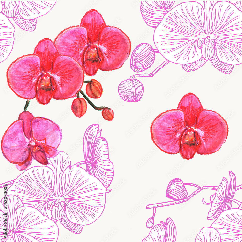 Seamless pattern with orchids. Watercolor.