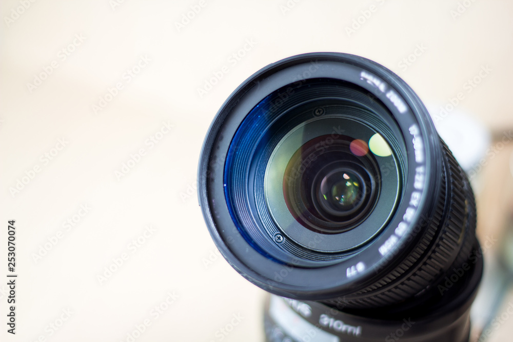 lens digital camera, selective focus, close-up, side with reflection, bokeh, isolated on white background