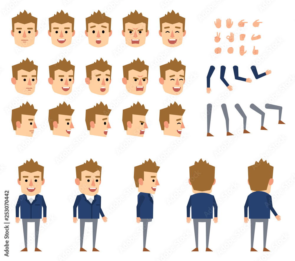 Businessman in blue suit creation set. Various gestures, emotions, diverse poses, views. Create your own pose, animation. Flat style vector illustration Businessman in blue suit creation set. Various gestures, emotions, diverse poses, views. Create your own pose, animation. Flat style vector illustration