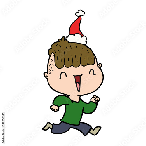 line drawing of a happy boy surprised wearing santa hat