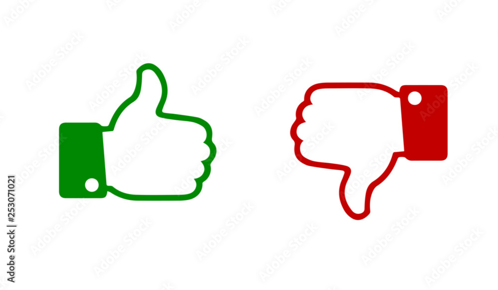 Flat design of like and dislike icons set. Thumbs up and thumbs down. Vector illustration. Isolated Flat design of like and dislike icons set. Thumbs up and thumbs down. Vector illustration. Isolated
