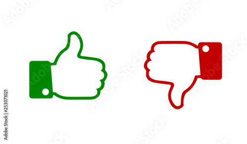 Flat design of like and dislike icons set. Thumbs up and thumbs down. Vector illustration. Isolated