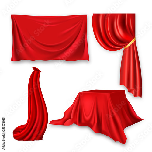 Red Silk Cloth Set Vector. Fabric Cloth Waving Shape. For Presentation. Banner, Stage, Cloak, Curtain. Velvet Theater Or Cinema Luxury Textile Drapery. 3D Realistic Element Isolated Illustration