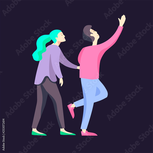 Vector people character walking on the street in autumn or winter clothes, friends and couples. Colorful Group of male and female flat cartoon characters