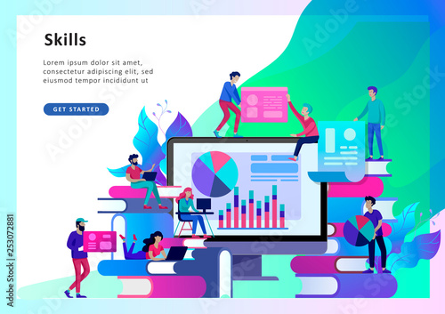 Concept Landing page template Education people, Internet studying, online training, online book, tutorials, e-learning for social media, distance education, documents, cards, posters