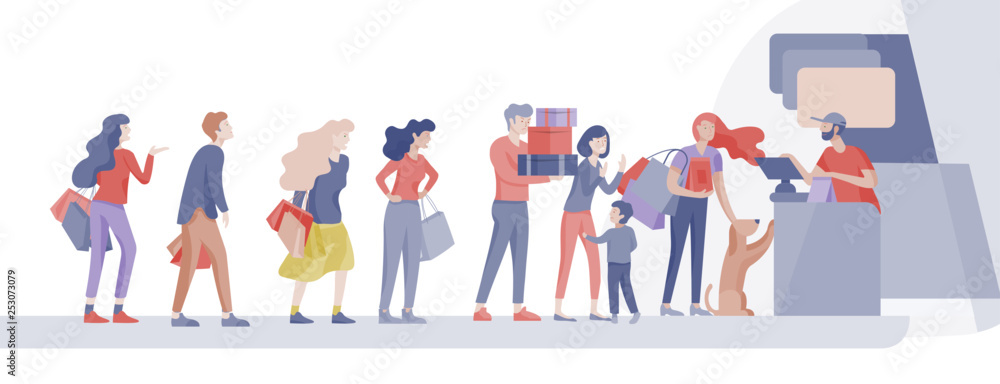 Obraz premium Angry People queue in supermarket with cashier, where to buy concept of shop assistant. Selling interaction, purchasing process. Dissatisfied and tired customer scream and swear
