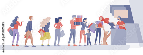 Angry People queue in supermarket with cashier, where to buy concept of shop assistant. Selling interaction, purchasing process. Dissatisfied and tired customer scream and swear