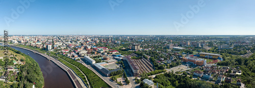 City of Tyumen, Embankment of the River Tura, Russia, on the Russian text - TYUMEN. Aerial photography photo