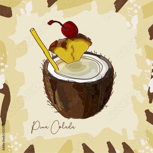 Pina Colada cocktail illustration. Alcoholic bar drink hand drawn vector. Pop art