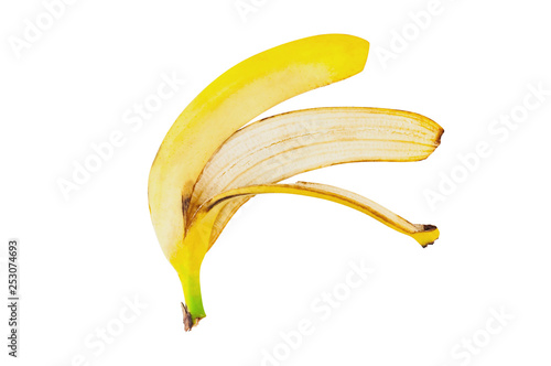 One banana peel without flesh isolated on white background without shadow