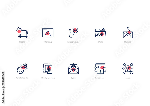 Set of stroke computer virus icons with red accent isolated on light background. Contains such icons Trojans, Spam, Phishing, Denial of service and more.