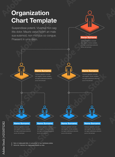 Simple company organization hierarchy chart template with place for your content - dark version. Easy to use for your website or presentation.