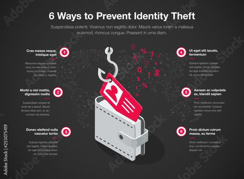 Simple infographic for 6 ways to prevent identity theft template isolated on dark background. Easy to use for your website or presentation.