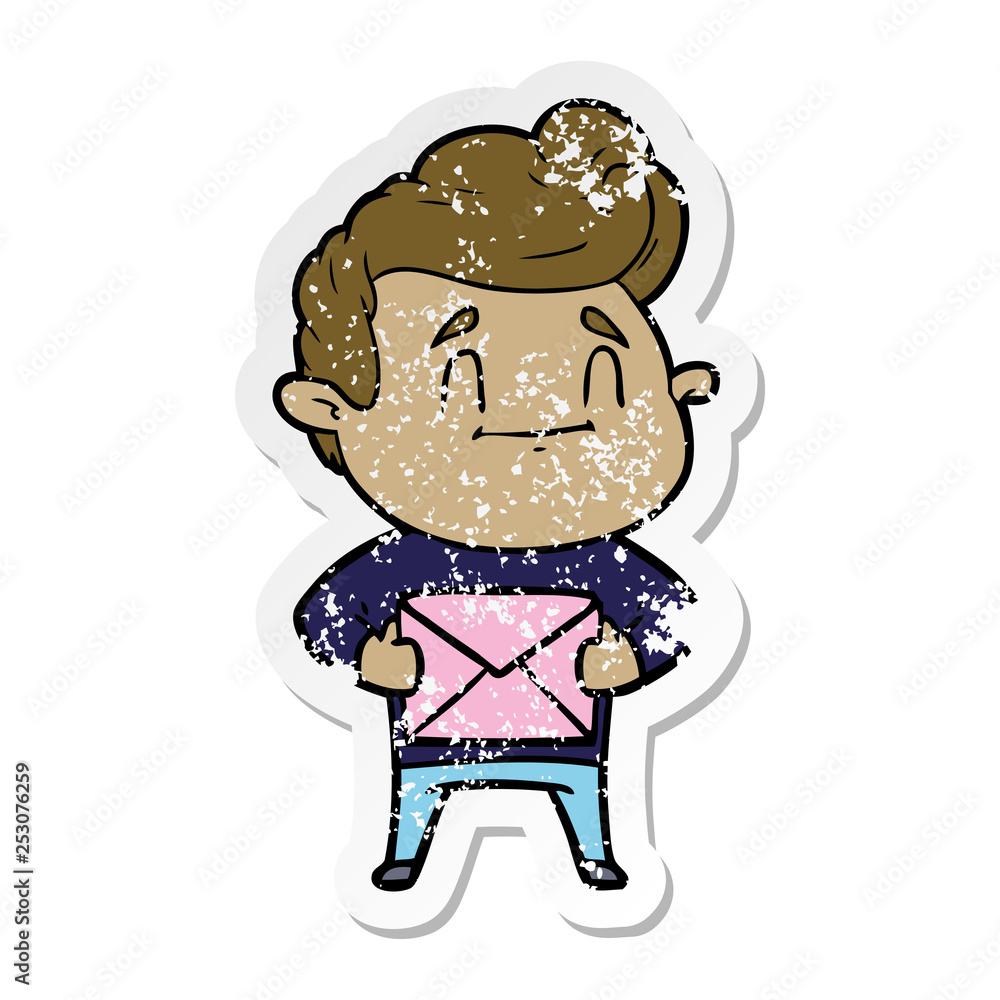 distressed sticker of a happy cartoon man distressed sticker of a happy cartoon man