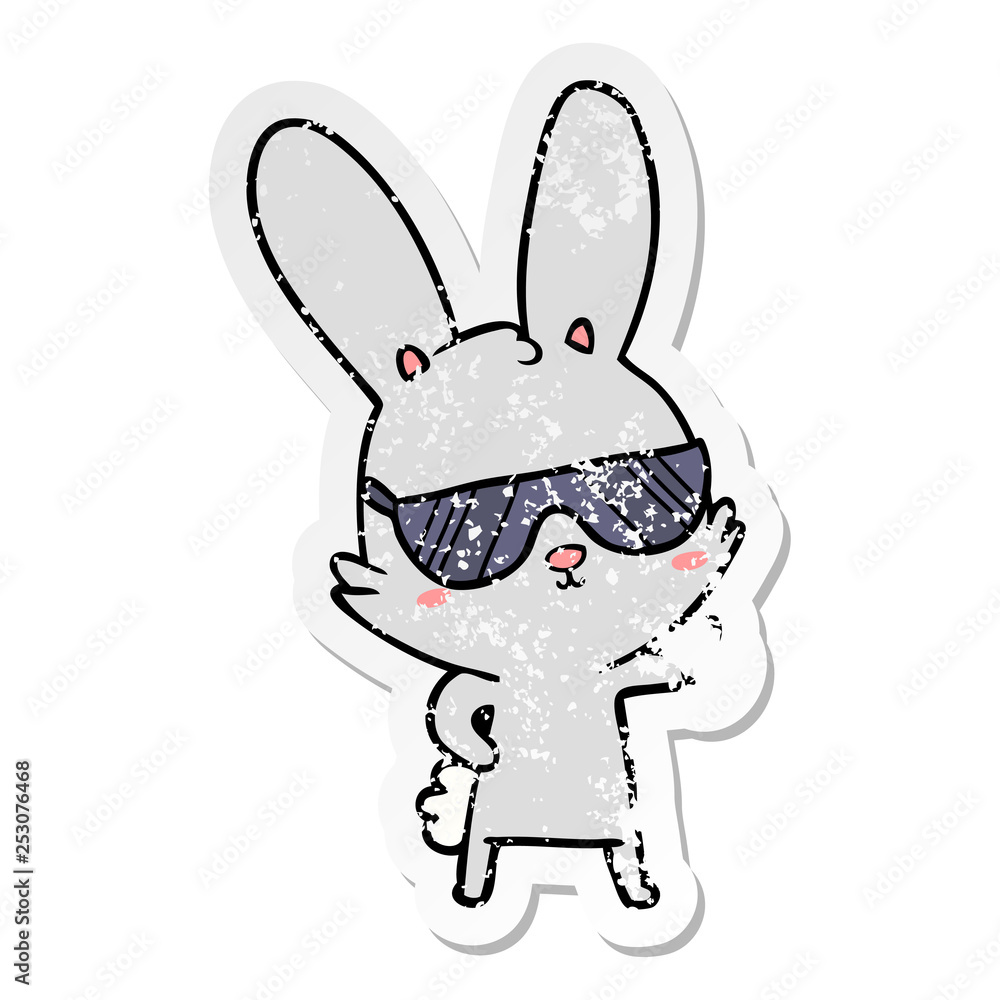 distressed sticker of a cute cartoon rabbit wearing sunglasses distressed sticker of a cute cartoon rabbit wearing sunglasses