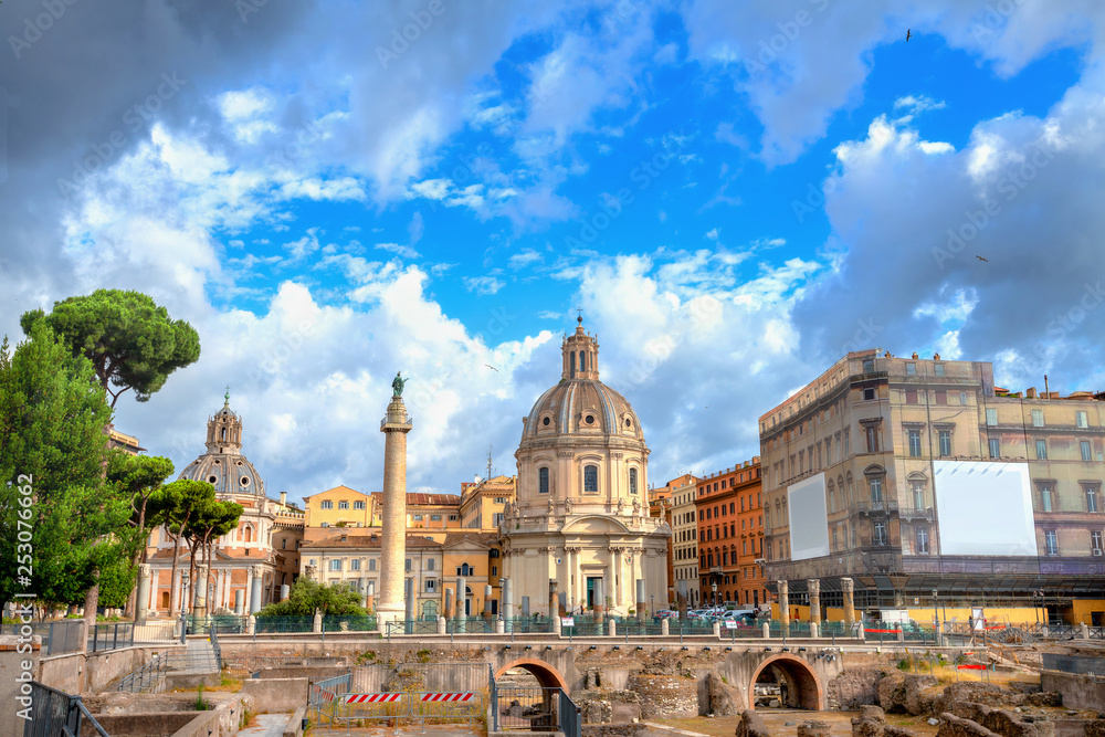 Cityscape with Imperial Forum, Trajan’s Column and Santa Maria di Loreto Church in Rome, Italy