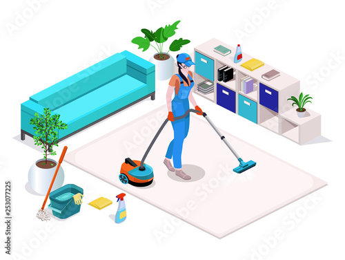 Woman dressed in uniform cleans and vacuums, washes the floor in the home and cleans. Professional cleaning service with equipment and staff.Vector isometric isolate