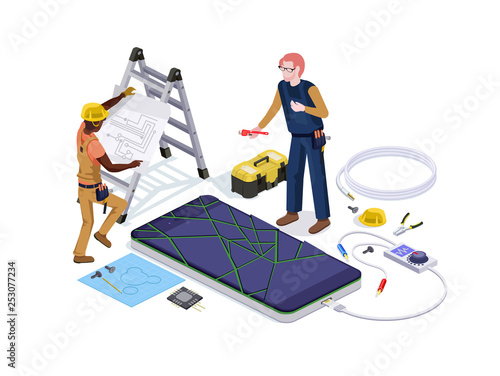 People in the form of mobile phone repair service workers do screen diagnostics and replacement 3d isometric vector illustration design templates.