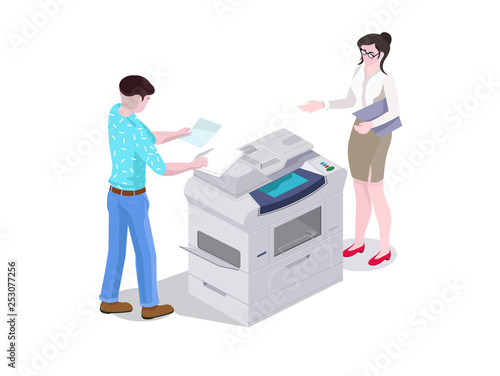 3d isometric composition man and a woman in the office print and copy the files on the printer. Vector isometric isolate.