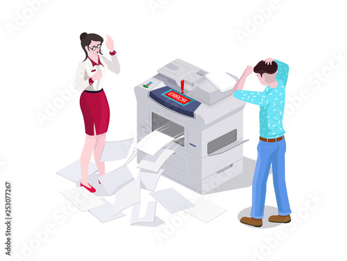 3d isometric man and a woman in the office print and make a photocopier on the printer. Error and breakage of the copier, scattered around the paper. Negative emotions