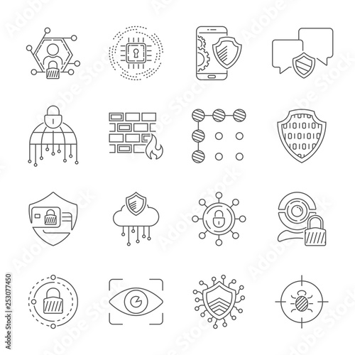 Cyber security, Internet Protection and Data Privacy vector icons set. Included the icons as security information, data protection, shield, personal data, database and more. Editable Stroke. EPS 10