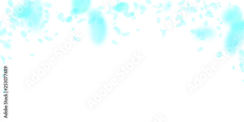 Turquoise flower petals falling down. Pleasant rom