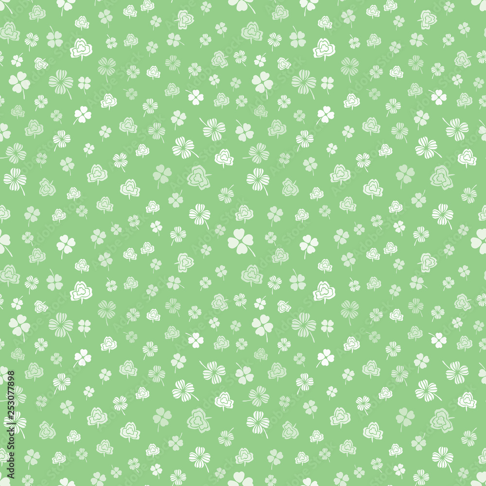 White on green hand drawn Irish shamrocks background in a stylized modern style. Vector seamless pattern.