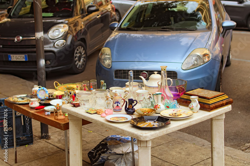 Palermo, Italy-03 JANUARY 2017: Flea Market in Palermo. Table with vintage objects beeing selled. Travel and tourism concept