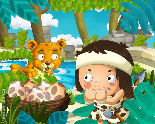 Fototapeta Naklejka Na Ścianę i Meble -  Cartoon scene with caveman in the jungle with sabre tooth tiger near the river in the background - illustration for children