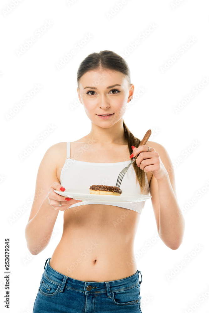smiling slim woman holding sweet delicious doughnut on fork isolated on white smiling slim woman holding sweet delicious doughnut on fork isolated on white