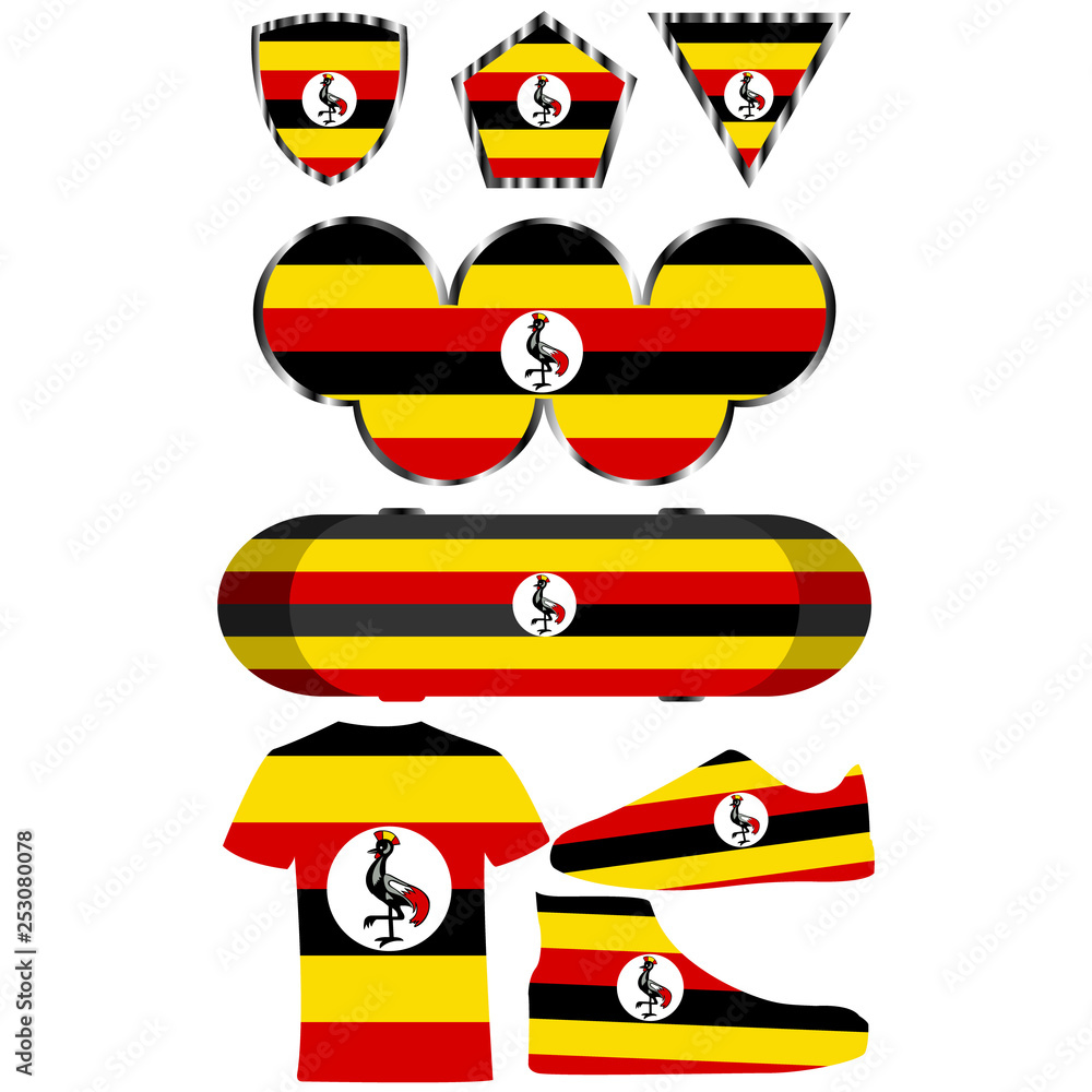 Set with the image of the flag of Uganda. Vector.