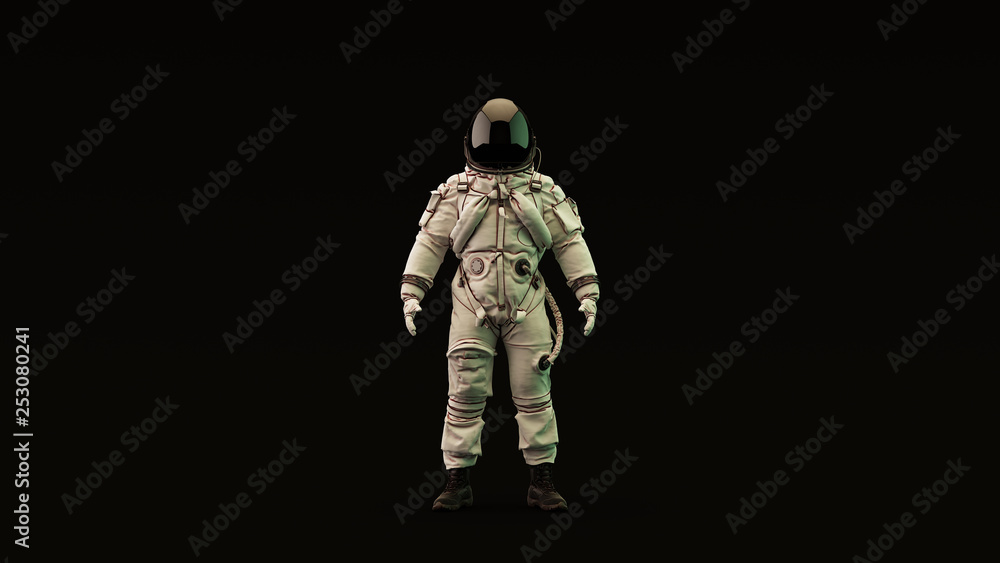 Astronaut Advanced Crew Escape Suit with Black Visor and White Spacesuit with Light Yellow and Green Moody 80s lighting Front 3d illustration 3d render